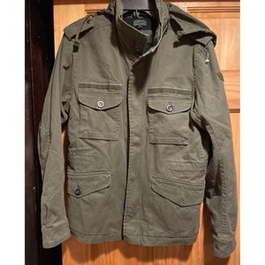 Diesel Utility Army Field Jacket Green Olive Twill Snap Full Zip Hood Men's M